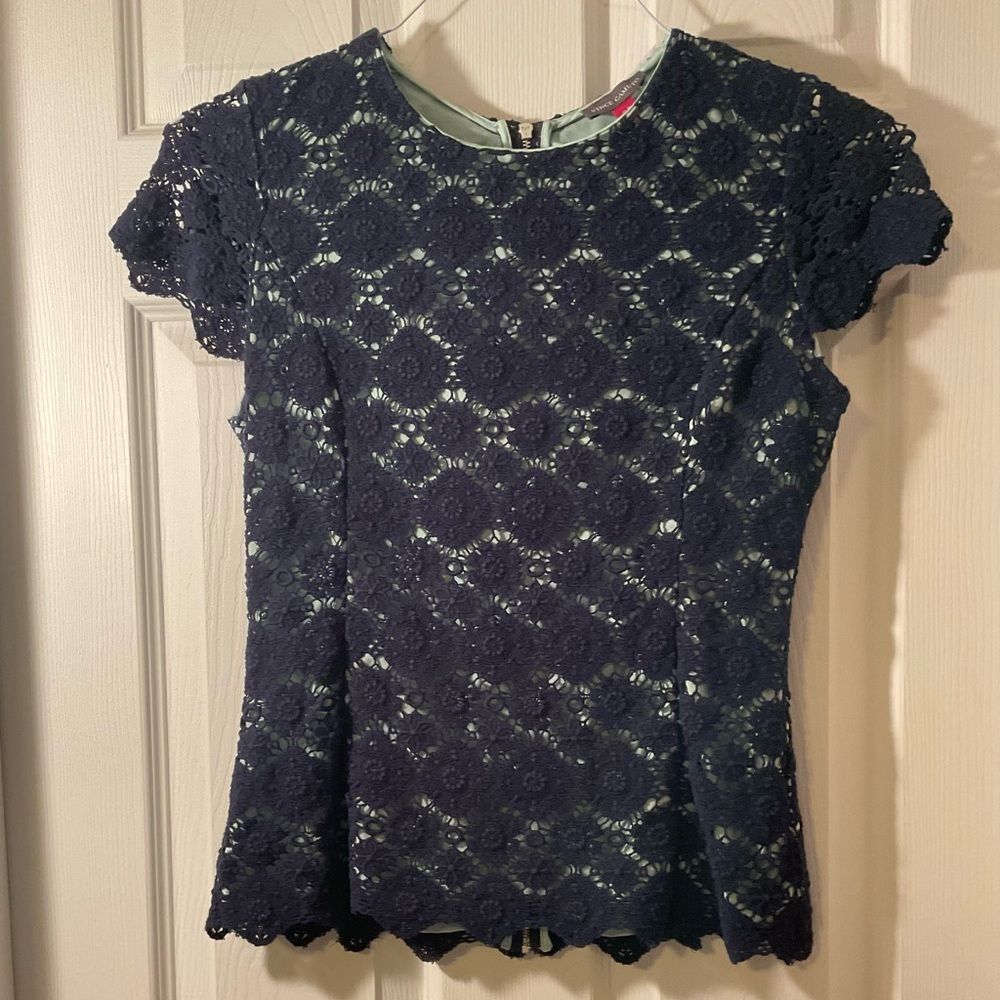 Lace/crochet navy blue lace crochet top over pale green lining Aline shirt